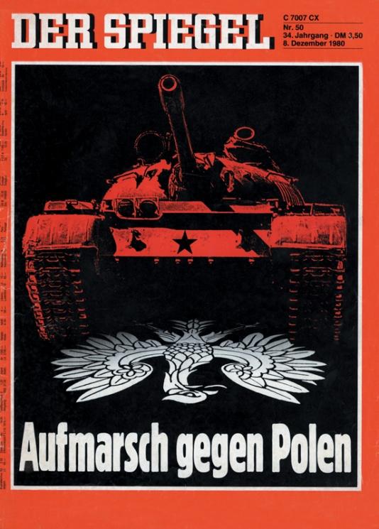 Czołg miażdżący orła na okładce niemieckiego czasopisma Der Spiegel z podpisem Aufmarsch gegen Polen, ilustrujący groźbę sowieckiej interwencji w Polsce.