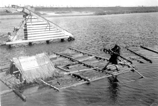 Tratwa na Pinie (woj. poleskie), na tratwie tablica z napisem TRN PLYWOOD-UNION w Horodyszczu, z Mulczyce do Horodyszcza, DOK Podróży N [dalej nieczytelne].