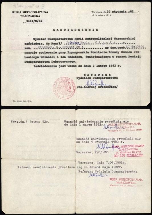 Zaświadczenie wystawione przez Kurię Metropolitalną Warszawską Janinie Okęckiej pracującej w Prymasowskim Komitecie Pomocy Osobom Pozbawionym Wolności i Ich Rodzinom (Komitet na Piwnej).