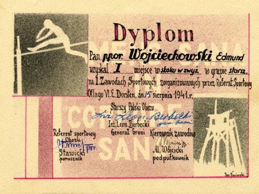 Obóz jeniecki oficerów Wojska Polskiego w Dorsten. Dyplom sportowy  podporucznika Edmunda Wojciechowskiego, za pierwsze miejsce w skoku wzwyż. 
