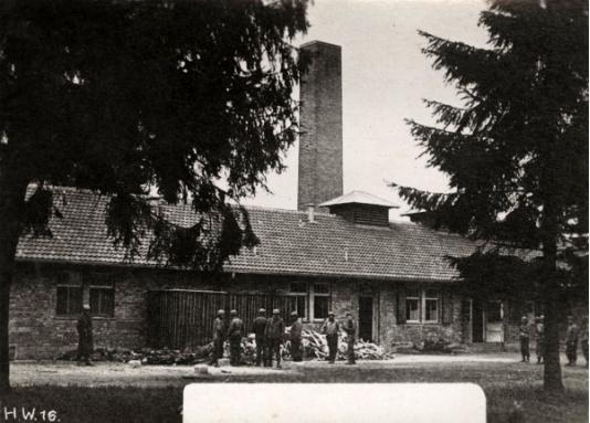 Żołnierze amerykańscy przed budynkiem krematorium na terenie obozu koncentracyjnego w Dachau (Niemcy). 