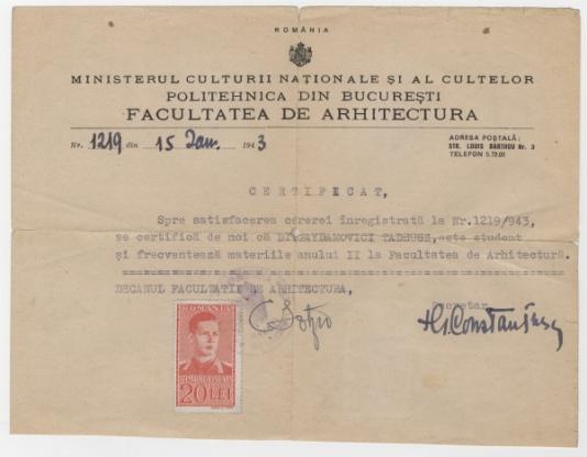 Polscy uchodźcy w Rumunii podczas II wojny światowej. Świadectwo Tadeusza Gaydamowicza z drugiego roku studiów na Wydziale Architektury Politechniki w Bukareszcie. 
