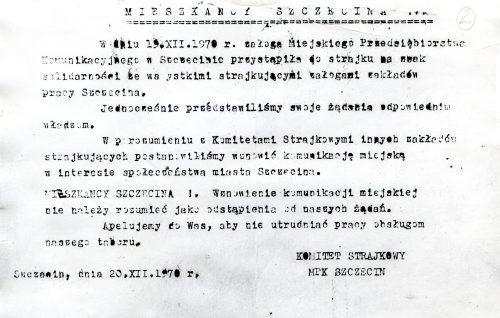 Ulotka załogi Miejskiego Przedsiębiorstwa Komunikacyjnego w Szczecinie