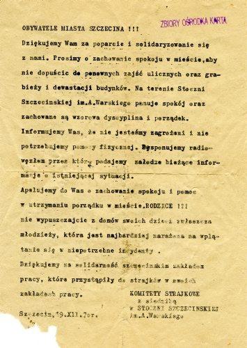 Odezwa robotników Stoczni Szczecińskiej z 19 grudnia 1970
