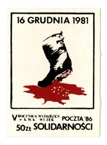 Znaczek podziemny z okazji 5. rocznicy pacyfikacji strajku górników w KWK Wujek 16 grudnia 1986