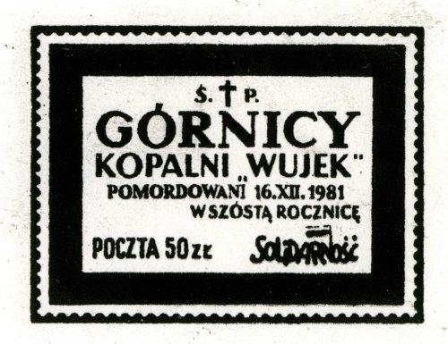 Znaczek podziemny z okazji 6. rocznicy pacyfikacji strajku górników w KWK Wujek 16 grudnia 1987
