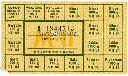 Kartka żywnościowa, z lipca 1984