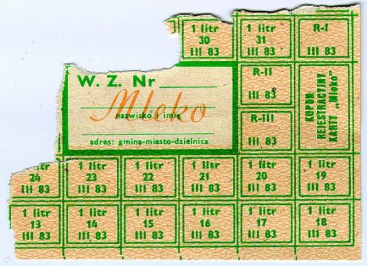 Kartka na mleko, z marca 1983